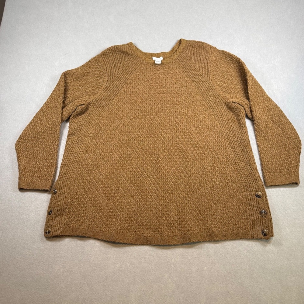 J. Jill Women 2X Brown Textured Button Side Slit Crew Neck Sweater Pullover